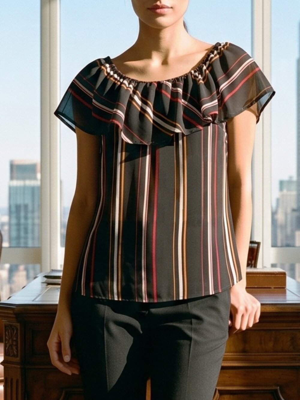 *NWT INC International Concepts Striped Off-Shoulder Ruffle Blouse Medium